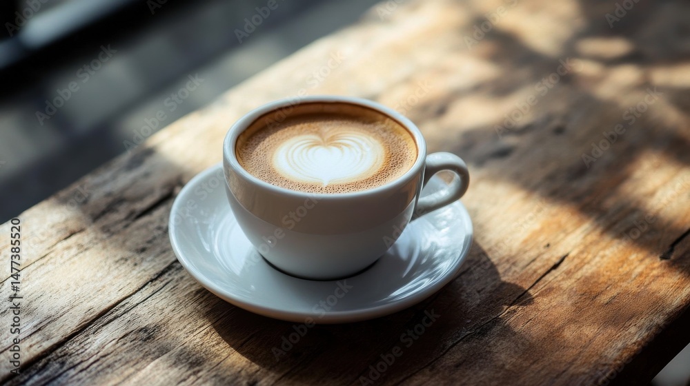 Fototapeta premium A cup of coffee with latte art on a wooden table.