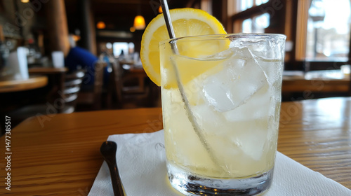 Chilled, refreshing lemonade served over ice as a cool, non-alcoholic beverage option. photo