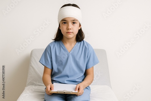 Young Girl in Hospital Gown with Bandaged Head Seated Holding Clipboard, Related to Accident Recovery