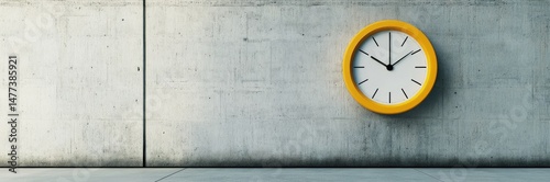 A simple, bright yellow clock on a neutral gray concrete wall