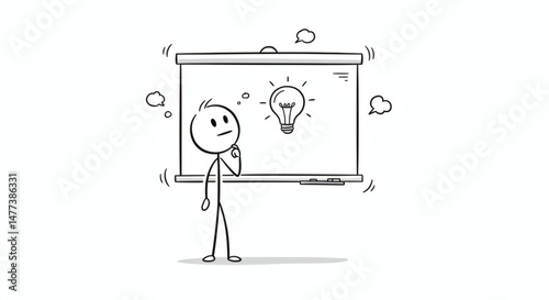 Stick Figure Thinking About Idea on Whiteboard Cartoon