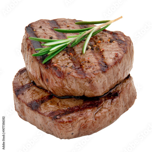 Juicy grilled beef steaks garnished with fresh rosemary, showcasing perfect grill marks and seasoned with pepper. appetizing presentation highlights savory and aromatic qualities
