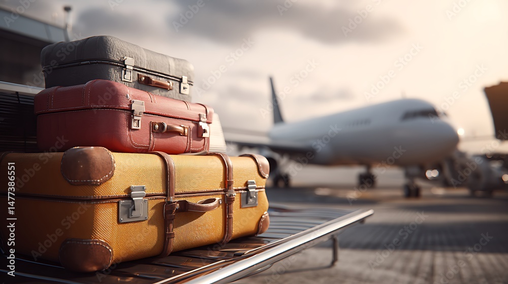 Shot of traveler luggage on terminal, airplane behind Shot of traveler luggage on terminal, airplane behind
