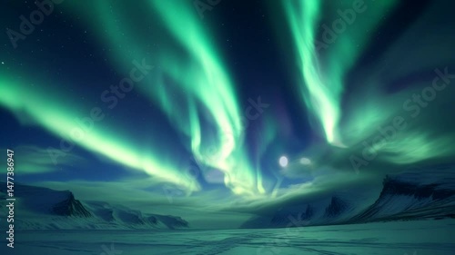 A sense of profound stillness and beauty permeates the scene, with the gentle glow of the moon complementing the ethereal dance of the aurora.4K