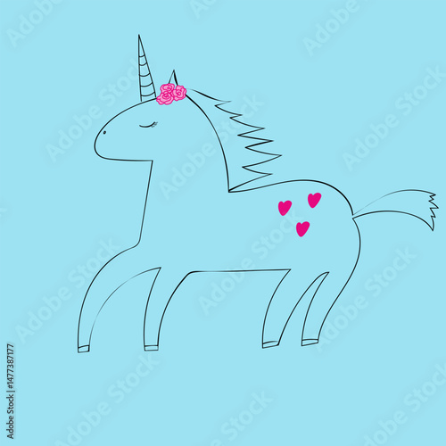 Cute unicorn with pink hearts. Vector illustration in flat style