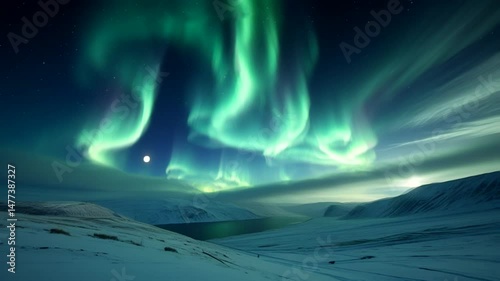 Elongated pillars and arcs of green light undulate across the heavens, creating a breathtaking contrast with the white, silent landscape below. 4K