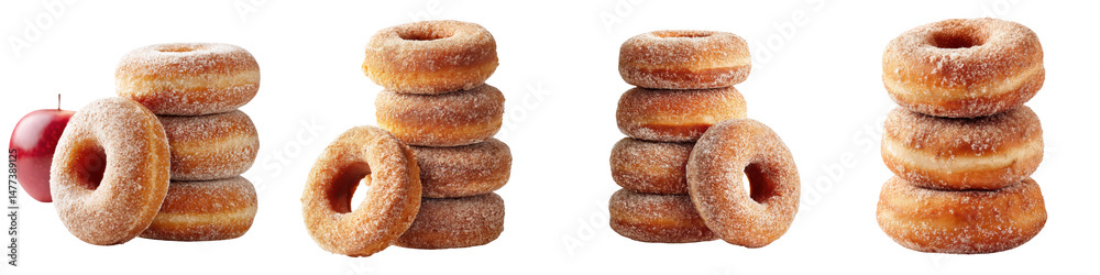 Delicious and tempting stack of sugar-coated donuts with a fresh red apple, perfect for dessert inspiration, bakery displays, or culinary photography showcasing sweet treats Delicious and tempting stack of sugar-coated donuts with a fresh red apple, perfect for dessert inspiration, bakery displays, or culinary photography showcasing sweet treats