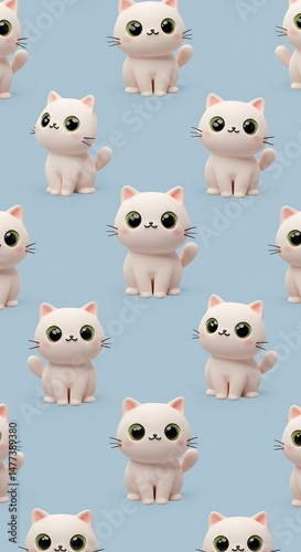Cute Cartoon Kittens Seamless Pattern, Pastel Blue Background