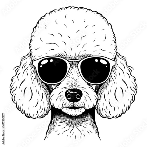 Cool Poodle Dog Wearing Sunglasses Line Art Illustration