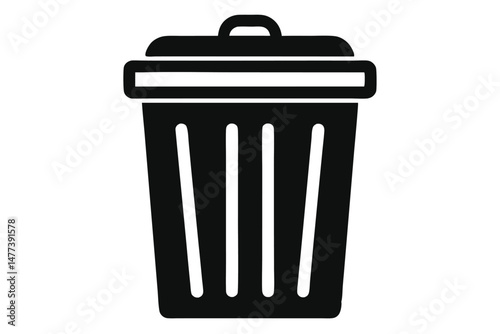Black Solid Trash Bin Icon with Lid and Handle, Vector Graphic