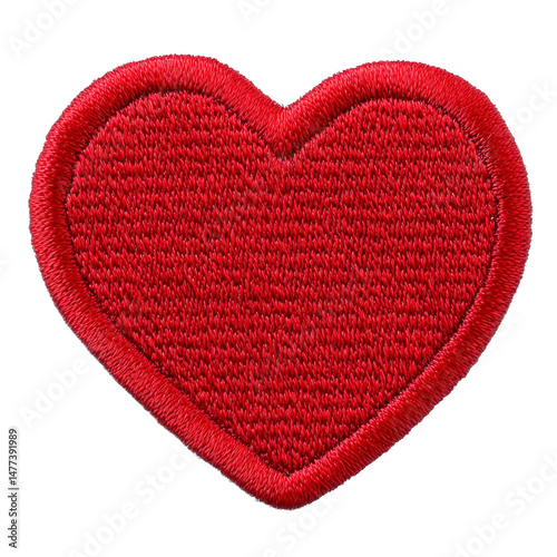 Red embroidered heart patch with textured surface and border, symbolizing love and affection, perfect for clothing or accessories