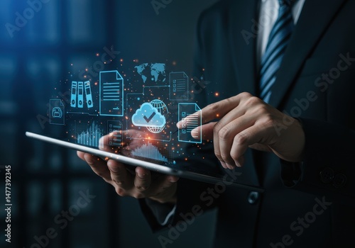 Cloud Computing digitale Datenspeicherung und Dokumentenmanagement auf Tablet im Business-Kontext