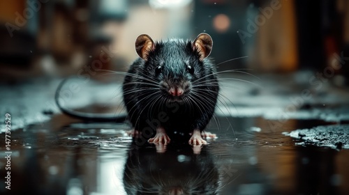 Fototapeta Naklejka Na Ścianę i Meble -  Black rat in a puddle