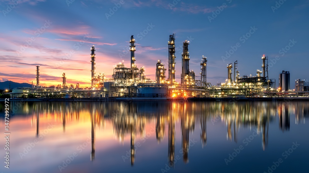 Refinery plant at twilight with reflection in water, 3d render, oil refinery plant for crude oil industry in evening twilight, energy industrial machine for petroleum gas production background Refinery plant at twilight with reflection in water, 3d render, oil refinery plant for crude oil industry in evening twilight, energy industrial machine for petroleum gas production background
