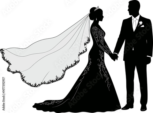 Elegant Black and White Silhouette of a Bride and Groom