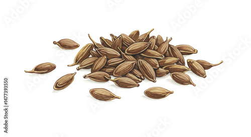 This Detailed Vector Illustration Showcases A Pile Of Dried Ajwain Seeds Commonly Used As A Spice In Cooking Displayed On A Stark White Background Rendered In A Classic Botanical Art