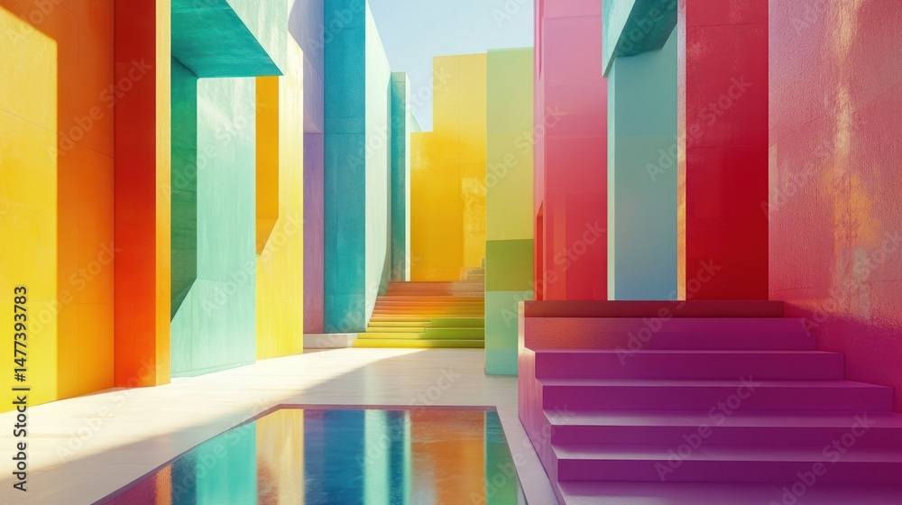 Obraz premium Vibrant, colorful architectural pathway with pool