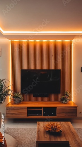 Modern Living Room Interior Design Featuring Wood Accent Wall and Entertainment Center with Ambient Lighting