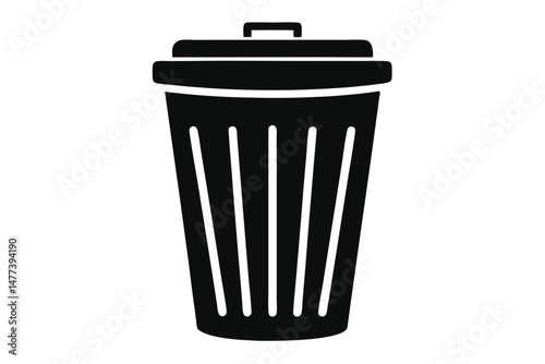 Simple Black Silhouette Illustration of a Trash Can with Lid and Vertical Lines