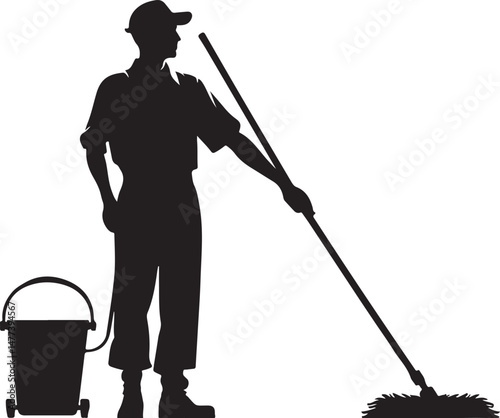 man with broom Cleaner with Mop and Bucket Silhouette  Janitor Vector Icon for Cleaning Servicesm unique new trendy