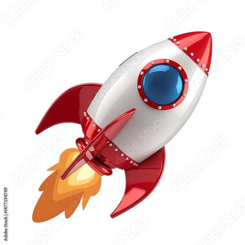 Cartoon rocket launching upward on white background on transparent background