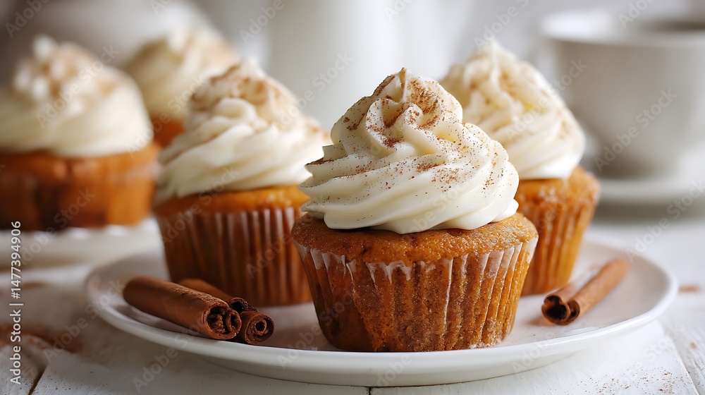 Pumpkin cupcakes on a white table topped with cream cheese frosting and dusted with cinnamon Pumpkin cupcakes on a white table topped with cream cheese frosting and dusted with cinnamon