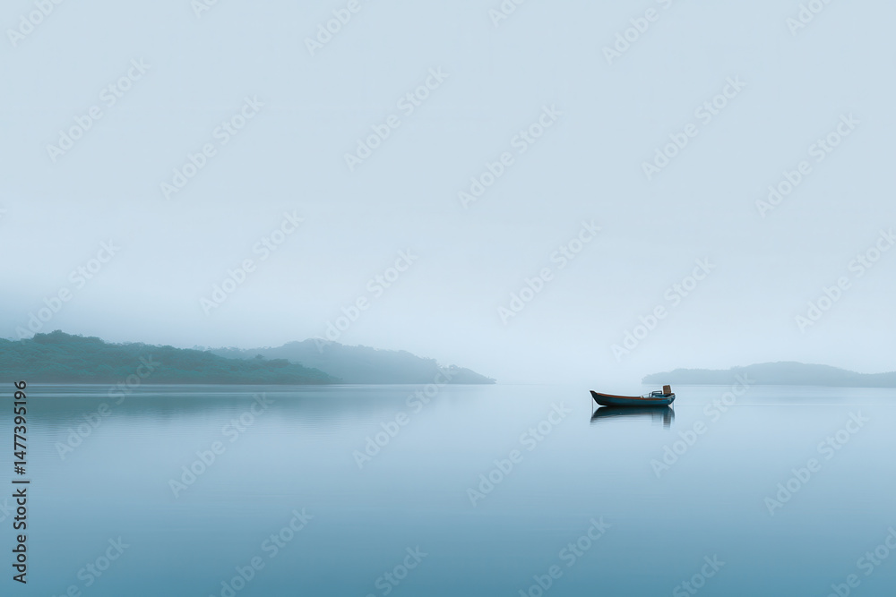 Fototapeta premium serene morning scene with fog hovering over tranquil lake