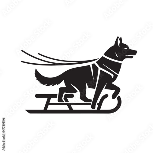 Dog Sledding  Silhouette line art vector illustration on white background