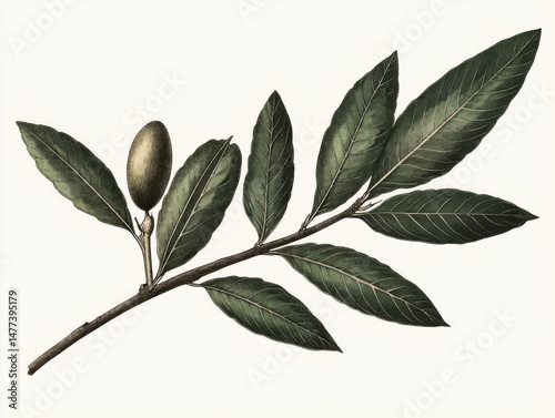 Vintage botanical illustration of bay laurel branch with leaves and fruit on white background close up view
