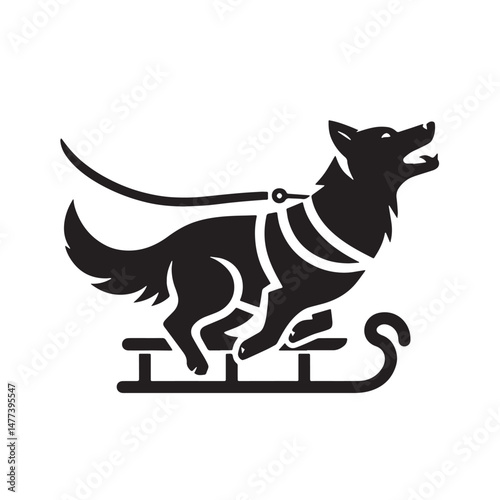 Dog Sledding  Silhouette line art vector illustration on white background