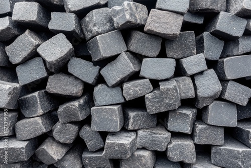 Close-up view of many dark gray cubic stones, tightly packed together.  The stones are irregular in size and shape, creating a textured pattern