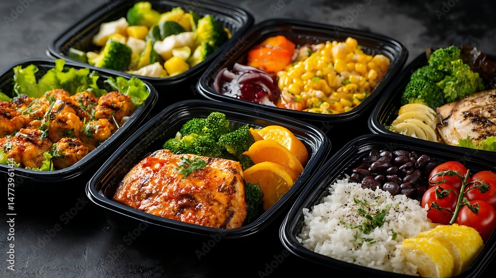 Prepared food for healthy nutrition in lunch boxes, catering service for balanced diet, takeaway food delivery in restaurant, containers with everyday meals Prepared food for healthy nutrition in lunch boxes, catering service for balanced diet, takeaway food delivery in restaurant, containers with everyday meals