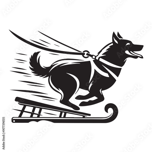 Dog Sledding  Silhouette line art vector illustration on white background