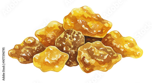 A Watercolor Illustration Presents Lumps Of Asafoetida Resin Showcasing Its Natural Golden Brown Tones And Rough Texture Which Evokes A Sense Of Earthiness And Spice In Culinary Contexts