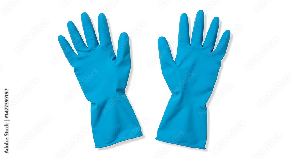 Obraz premium Blue Rubber Cleaning Gloves Isolated on White Background Representing Hygiene Sanitation Protection and Cleanliness for Household Chores Spring Cleaning Dishwashing Gardening