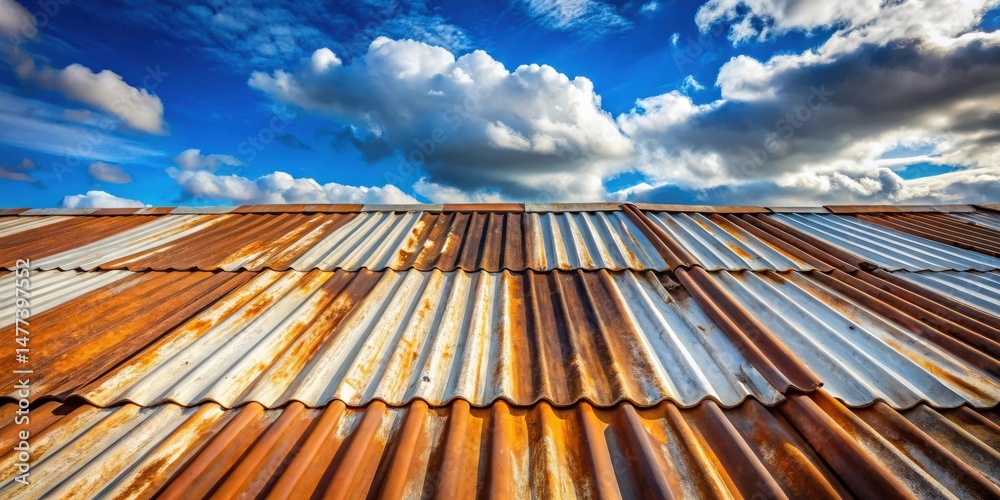 Rustic corrugated metal roofing under a vibrant sky with puffy clouds, showcasing texture and contrasting colors Rustic corrugated metal roofing under a vibrant sky with puffy clouds, showcasing texture and contrasting colors