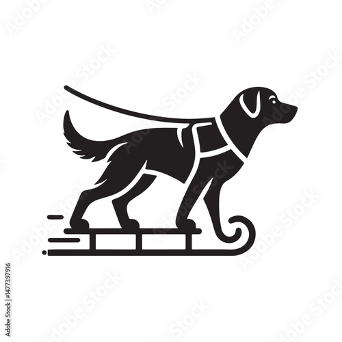 Dog Sledding  Silhouette line art vector illustration on white background