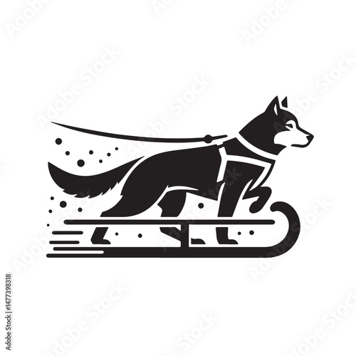 Dog Sledding  Silhouette line art vector illustration on white background