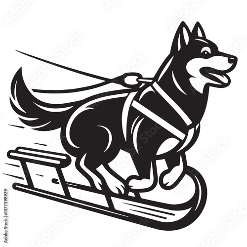 Dog Sledding  Silhouette line art vector illustration on white background