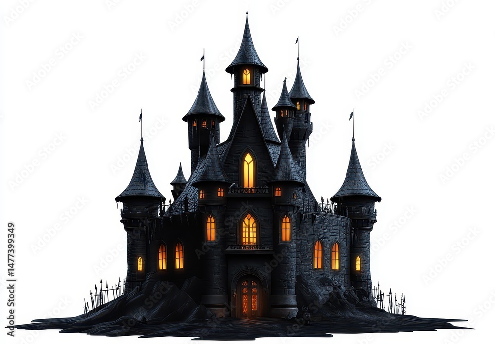 Obraz premium Dark, ominous castle with glowing windows. Towering structure, gothic design, ominous glow, ancient stone, mysterious