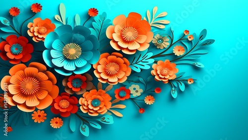 Beautiful floral paper cutout design with blue teal and orange flowers on a bright background