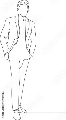 Business man standing in cool style sketch in one continuous line. Drawing style. Male model in minimalist black lines isolated on white background. Vector illustration