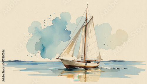 a soft watercolor sketch of a vintage sailboat at sea, using a light and breezy watercolor style, with sandy beige and ocean blue tones, on textured paper, delicate lines, fuzzy edges