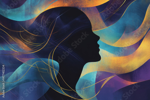 Woman silhouette emerging from colorful abstract background