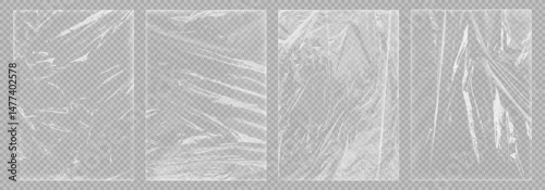 Transparent stretch plastic wrap with overlay texture effect. Realistic wrinkled polyethylene bag, cellophane cover, food plastic film warp or torn foil paper background for packaging business mockup.