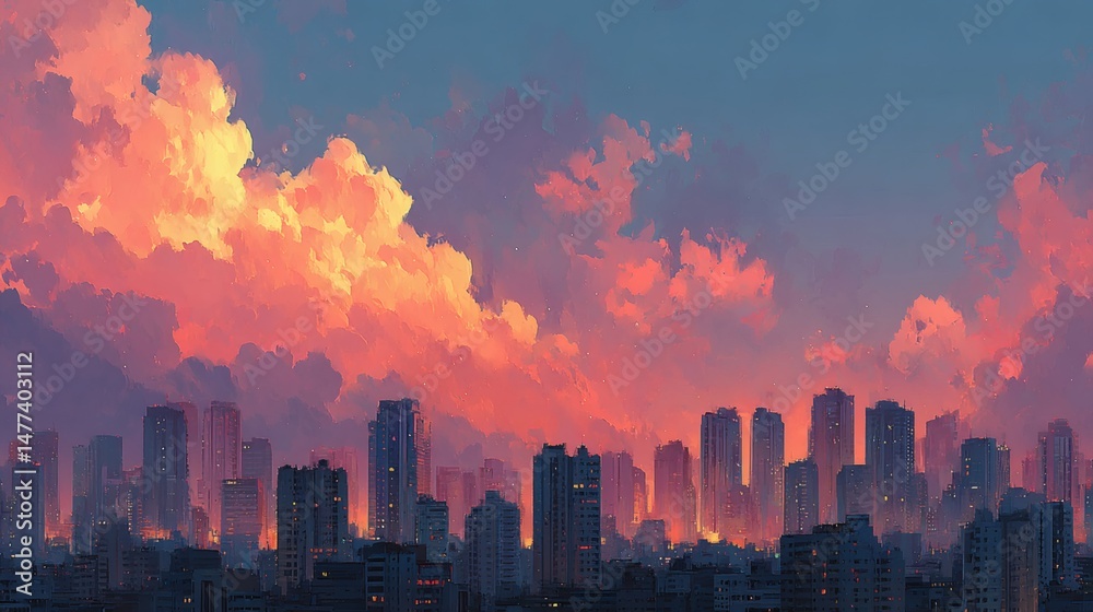 Obraz premium Digital-style urban skyline showcasing chrome buildings under a neon-drenched sky at dusk 