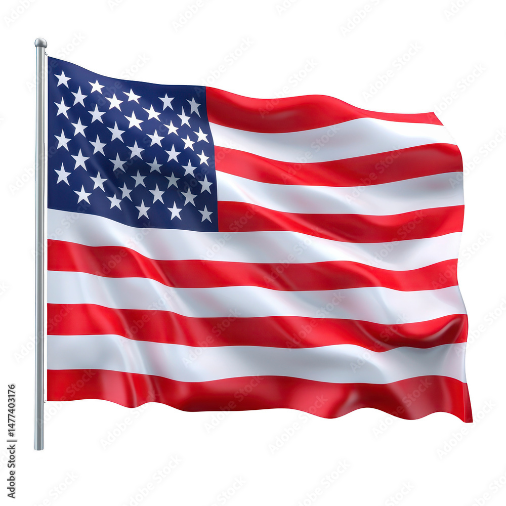 Image shows United States flag waving in wind, featuring red and white stripes with blue field of white stars. flag symbolizes freedom and patriotism Image shows United States flag waving in wind, featuring red and white stripes with blue field of white stars. flag symbolizes freedom and patriotism