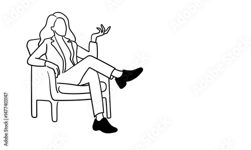 Woman psychologist in a chair, continious line art drawing. Lawyer, advocate on white background. 
Vector illustration
