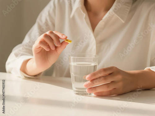 Dietary supplements,  girls holding pills and capsules, taking or consuming vitamin C and D to treat skin, hair, and nail strength at home, using purified water glass cups for health care.
