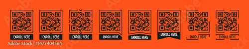 Set of black QR codes with “Enroll Here” labels in various frame styles on orange background, perfect for promotional or educational design use.